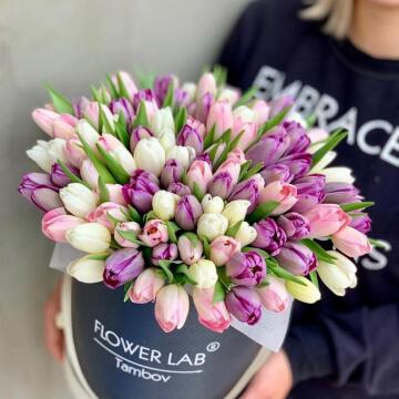 75 разноцветных тюльпана в цилиндре